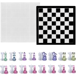Chess Resin Mold Set,1Pc Silicone Chess Board Mold and 16 Pcs Full Size 3D Chess Epoxy Molds and Checker Resin Casting Mold for DIY Crafts Making Board Games Supplies
