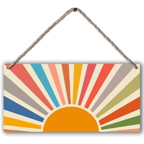 Vintage Boho Orange Sun Sunrise Colorful Sunshine Sunray Printed Wood Plaque Sign Wall Hanging,Modern Mid Century Hanging Wall Signs for Bohemian Home Room Dorm Decor 12 x 6 Inches