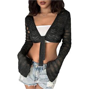 SHENHE Women's Tie Front Hollow Out Shrugs Long Sleeve Rib Knit Lightweight Crop Cardigan Sweater