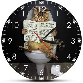 Kitten Cat on Toilet with Newspaper Bedroom Silent Wall Clock Funny Bathroom Wall Art Decorative Wall Watch Gift for Cat Owners