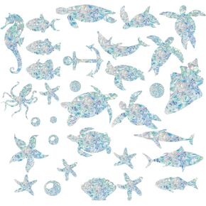 GORGECRAFT 33.07x13.78 Inch 32Pcs Sea Animals Series Rainbow Window Clings Turtle Static Glass Sticker Non Adhesive Vinyl Film Home Decoration Decals for Sliding Doors Windows Prevent Birds Strikes