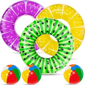 iGeeKid 6 Pack Inflatable Kids Pool Floats & Beach Balls: Kiwi, Pineapple, Grape Pool Floats & Rainbow Beach Balls for Kids & Adults Swimming Pool Party Float Toys
