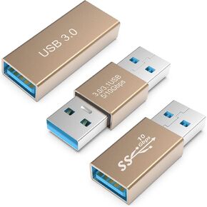 (3 Pieces) USB 3.0 Adapter kit, Support Charging and Data Transfer, High Speed Extension Coupler Converter Extender Connector - Gold