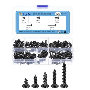 Sheet Metal Screws Assortment Kit - 125Pack - for Wood, Furniture - 5 Sizes Carbon Steel M4 Phillips Truss Head Self Tapping Tip Wood Screws - Black