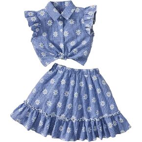 MakeMeChic Girl's 2 Piece Outfits Floral Print Ruffle Trim Collared Button Down Blouse Shirts and Mini Skirt Sets