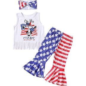 Kayotuas Toddler Girl 4th of July Outfit Sleeveless Tassel Tank Tops Shirt American Flag Bell Bottom Flare Pants Headband Set
