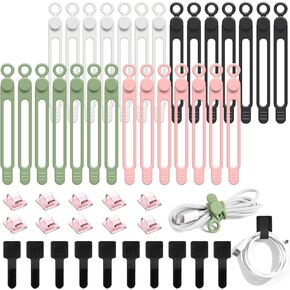 48Pcs Cord Organizer Kit, Reusable Elastic Silicone Cable Ties, Strong Adhesive Cable Clips for Cable Management, Multipurpose Wire Management Kit for Bundling and Fastening Various Wires