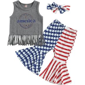 Kayotuas Toddler Girl 4th of July Outfit Sleeveless Tassel Tank Tops Shirt American Flag Bell Bottom Flare Pants Headband Set