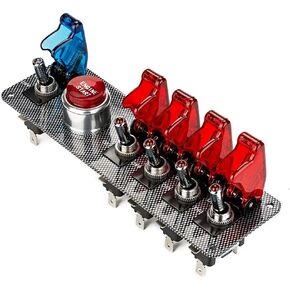 DC12V 5 in 1 Flip-Up Ignition Switch Carbon Fiber Panel Car Engine Start Push Button LED Toggle Racing Sport Competitive Car (4Red 1Blue)