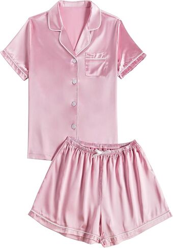 LYANER Women's Satin Pajamas Sets Short Sleeve Button Shirt Silky Sleepwear With Shorts PJs in Saudi Arabia