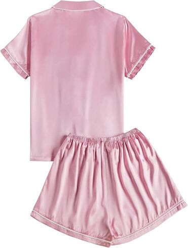 LYANER Women's Satin Pajamas Sets Short Sleeve Button Shirt Silky Sleepwear With Shorts PJs in Saudi Arabia
