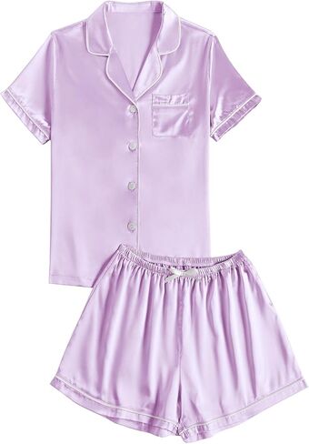 LYANER Women's Satin Pajamas Sets Short Sleeve Button Shirt Silky Sleepwear With Shorts PJs in Saudi Arabia