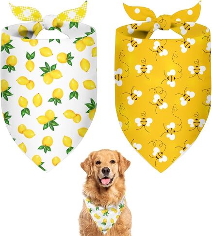 Summer Dog Bandanas 2 Large Pack,White Lemon Plaid Yellow Bee Dot Reversible Adjustable Triangle Pet Scarves for Boy and Girl,Cute Fruit Bandana for Small Medium Large Dogs Cats(Large) in Saudi Arabia