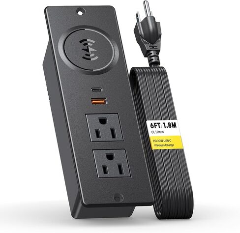 Kungfuking Recessed Power Strip with 20W USB C, ETL Listed Flush Mount Desk Outlet 10W Wireless Charging Station with 2 Outlets & 2 USB Ports, Furniture Outlet for Nightstand/End Table/Side Table in Saudi Arabia