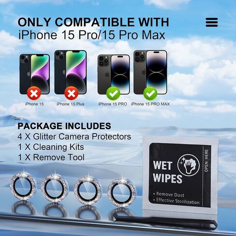 متوافق مع iPhone 15 Pro/iPhone 15 Pro Max واقي عدسة الكاميرا، غطاء كاميرا من الزجاج المقوى 9H واقي شاشة معدني فردي واقي للحلقة، ملحقات تزيين، فضي لامع in Kuwait