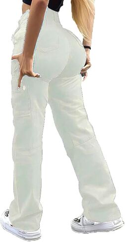 Women's Cargo Pants Jeans High Waisted Baggy Y2K Stretchy Wide Leg Straight Casual Pants Streetwear with 6 Pockets in Saudi Arabia