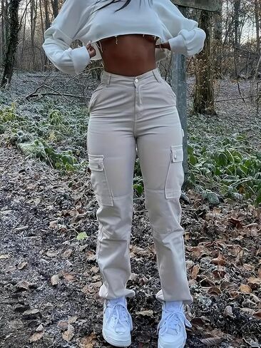 Women's Cargo Pants Jeans High Waisted Baggy Y2K Stretchy Wide Leg Straight Casual Pants Streetwear with 6 Pockets in Saudi Arabia