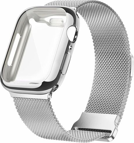 أحزمة مغناطيسية معدنية من Geoumy متوافقة مع سوار ساعة Apple مقاس 40 مم مع حافظة، حزام بديل بحلقة شبكية من الفولاذ المقاوم للصدأ متوافق مع iWatch Series 8/7/6/5/4/3/2/1 SE للنساء والرجال، فضي in Kuwait