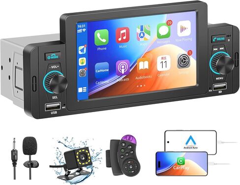 5 Inch Single Din Car Stereo with Apple Carplay/Android Auto,Single Din Carplay Touchscreen Car Stereo with Mirror Link Support Backup Camera/Bluetooth Handsfree/FM/AUX/TF/USB/EQ in Kuwait
