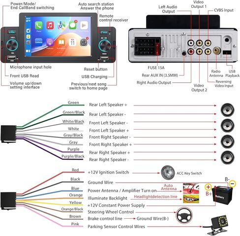 5 Inch Single Din Car Stereo with Apple Carplay/Android Auto,Single Din Carplay Touchscreen Car Stereo with Mirror Link Support Backup Camera/Bluetooth Handsfree/FM/AUX/TF/USB/EQ in Kuwait