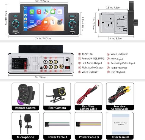 5 Inch Single Din Car Stereo with Apple Carplay/Android Auto,Single Din Carplay Touchscreen Car Stereo with Mirror Link Support Backup Camera/Bluetooth Handsfree/FM/AUX/TF/USB/EQ in Kuwait