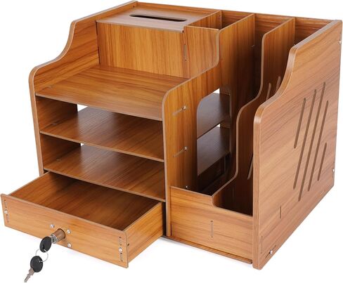 Joroki Home & Care Office Supply Wooden Desktop Organizer with Lockable Drawer, Pen Holder, A4 Folder Holder (Natural Wood), JB072 in Saudi Arabia