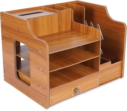 Joroki Home & Care Office Supply Wooden Desktop Organizer with Lockable Drawer, Pen Holder, A4 Folder Holder (Natural Wood), JB072 in Saudi Arabia