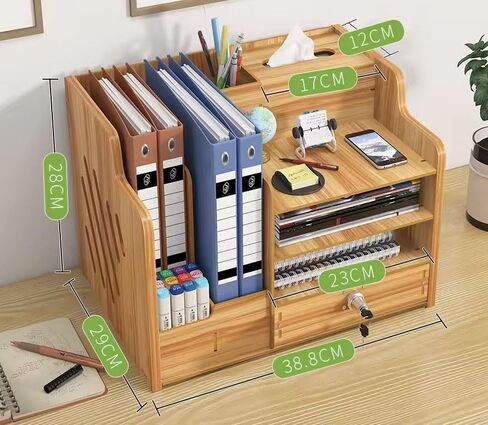 Joroki Home & Care Office Supply Wooden Desktop Organizer with Lockable Drawer, Pen Holder, A4 Folder Holder (Natural Wood), JB072 in Saudi Arabia