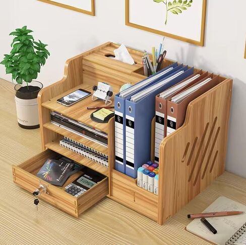 Joroki Home & Care Office Supply Wooden Desktop Organizer with Lockable Drawer, Pen Holder, A4 Folder Holder (Natural Wood), JB072 in Saudi Arabia