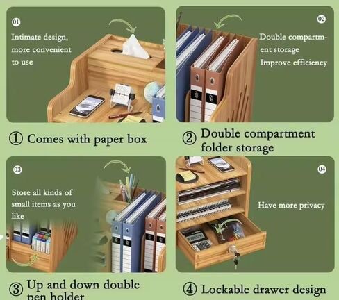 Joroki Home & Care Office Supply Wooden Desktop Organizer with Lockable Drawer, Pen Holder, A4 Folder Holder (Natural Wood), JB072 in Saudi Arabia
