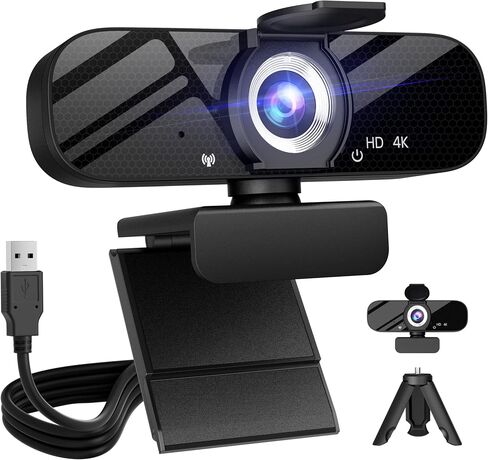 Full HD Webcam with Built-in Microphone and Rotatable Tripod, 2K Video and Wide Angle Camera, Privacy Cover, for Desktop PC or Laptop Computer in Kuwait