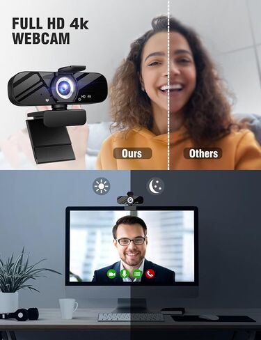 Full HD Webcam with Built-in Microphone and Rotatable Tripod, 2K Video and Wide Angle Camera, Privacy Cover, for Desktop PC or Laptop Computer in Kuwait