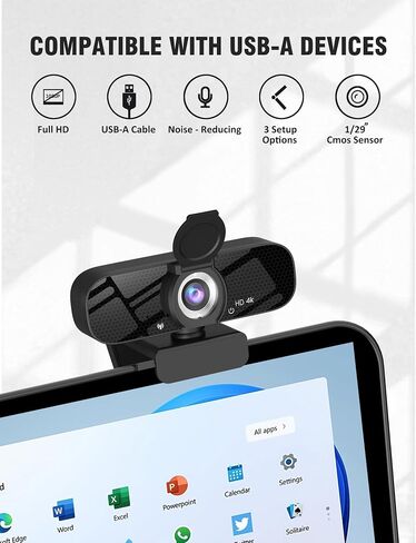 Full HD Webcam with Built-in Microphone and Rotatable Tripod, 2K Video and Wide Angle Camera, Privacy Cover, for Desktop PC or Laptop Computer in Kuwait