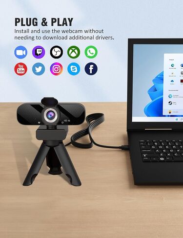 Full HD Webcam with Built-in Microphone and Rotatable Tripod, 2K Video and Wide Angle Camera, Privacy Cover, for Desktop PC or Laptop Computer in Kuwait