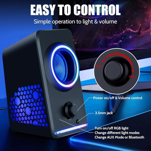 Computer PC Speakers, Dynamic RGB Gaming Speakers with Volume Control, HiFi Stereo Sound Quality 3.5mm AUX Desktop Speakers, USB Powered Monitor Speakers for PC,Laptops,Desktops,Phone,Game Machine in Kuwait