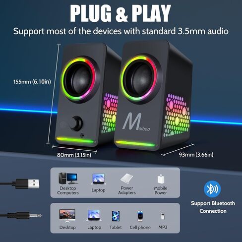 Computer PC Speakers, Dynamic RGB Gaming Speakers with Volume Control, HiFi Stereo Sound Quality 3.5mm AUX Desktop Speakers, USB Powered Monitor Speakers for PC,Laptops,Desktops,Phone,Game Machine in Kuwait