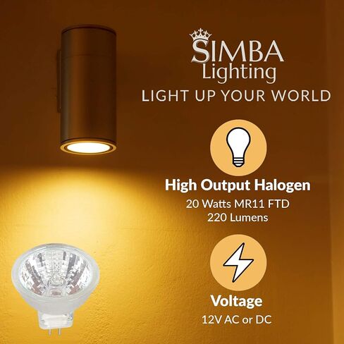 مصابيح الإضاءة Simba Lighting MR11 Halogen 20W 12V FTD (10 عبوات) 2-Pin 220lm للمناظر الطبيعية واللهجة وأضواء المسار والألياف البصرية، قاعدة GU4 Bi-Pin، غطاء زجاجي، أبيض دافئ 2700K عاكس للضوء in Saudi Arabia
