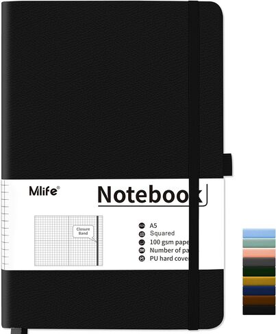 Mlife Graph Grid Paper Notebook، 200 صفحة دفاتر يومية مع حامل قلم، مجلة سميكة 100 جرام لكل متر مربع للنساء، دفاتر ملاحظات من جلد البولي يوريثان للعمل والمدرسة والكتابة (أسود) in Saudi Arabia