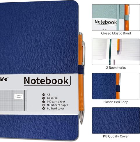 Mlife Graph Grid Paper Notebook، 200 صفحة دفاتر يومية مع حامل قلم، مجلة سميكة 100 جرام لكل متر مربع للنساء، دفاتر ملاحظات من جلد البولي يوريثان للعمل والمدرسة والكتابة (أسود) in Saudi Arabia