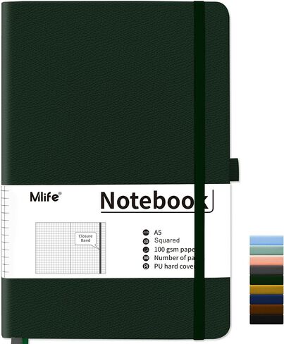 Mlife Graph Grid Paper Notebook، 200 صفحة دفاتر يومية مع حامل قلم، مجلة سميكة 100 جرام لكل متر مربع للنساء، دفاتر ملاحظات من جلد البولي يوريثان للعمل والمدرسة والكتابة (أسود) in Saudi Arabia
