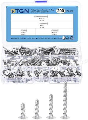 مجموعة متنوعة من براغي الصفائح المعدنية - 200 عبوة - للخشب والأثاث - 4 مقاسات 410 من الفولاذ المقاوم للصدأ #8 براغي فيليبس تروس ذات رأس أبيض للحفر الذاتي in Saudi Arabia