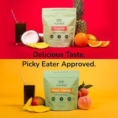 Kids Organic Reds and Greens Superfood Powder Fruits and Vegetable Blend, Perfect for Smoothies, Drinks, Shakes, Loaded with Probiotics, 100% Daily Value of Vitamins, Multiple Flavors. (Peach Mango) in Saudi Arabia