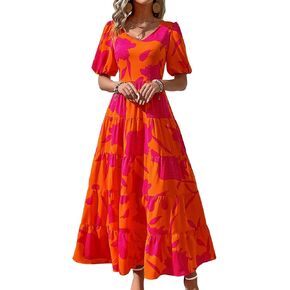 PRETTYGARDEN Womens Dresses 2024 Puff Sleeve Floral Casual Summer Dresses Smocked Backless Beach Flowy Tiered Maxi Dress in Kuwait