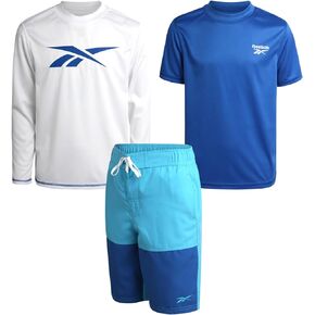 Reebok Boys' Rashguard Set - 3 Piece UPF 50+ Long Sleeve and Short Sleeve Swim Shirts and Bathing Suit Boardshorts (S-XL)
