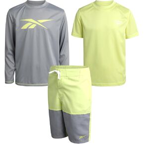 Reebok Boys' Rashguard Set - 3 Piece UPF 50+ Long Sleeve and Short Sleeve Swim Shirts and Bathing Suit Boardshorts (S-XL)