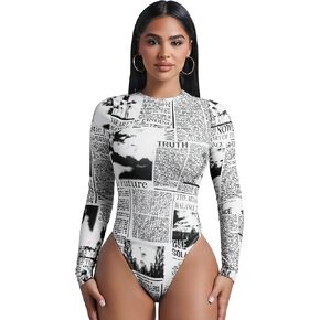 WDIRARA Women's Newspaper Print Long Sleeve Round Neck Knitted Stretchy Slim Fit Bodysuit