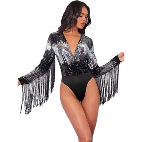 WDIRARA Women's Fringe Trim Sparkle Sequins Wrapped Deep V Neck Long Sleeve Party Bodysuit Shirts