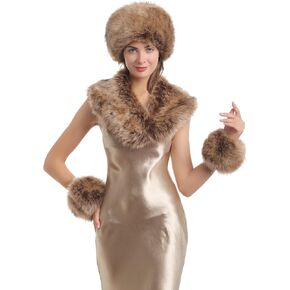 LA CARRIE Women's Faux Fur Hat,Collar,Scarf,Wrist Cuffs 3 PCS Set for Cold Winter