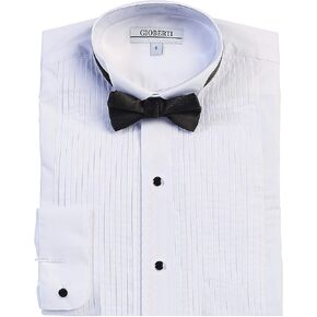 Gioberti Boy's Wing Tip Collar White Tuxedo Dress Shirt with Bow Tie and Metal Studs