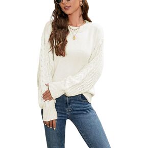 Alsol Lamesa Women's Crew Neck Solid Color Cable Knit Sweaters, Oversized Pullover Valentines Sweaters for Women